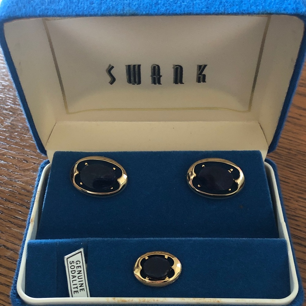 Vintage SWANK Genuine Sodalite Gold and Dark Blue Cufflinks Set.